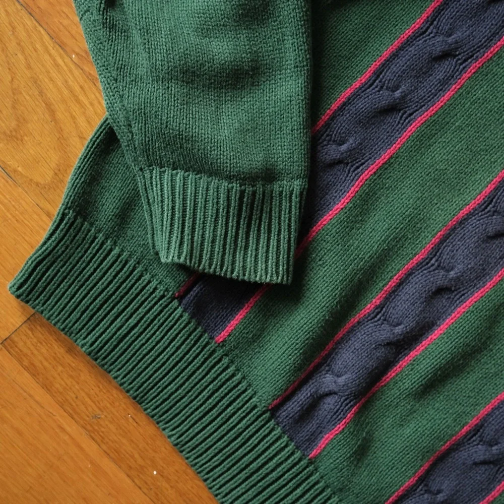 John Ashford Sweater Cable Knit Green Striped 100% Cotton XL Vintage Preppy 3437